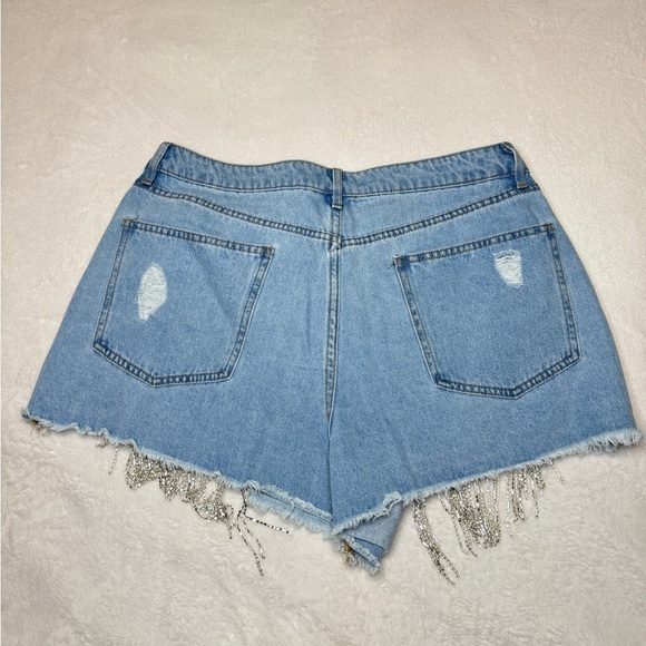 Forever 21 Size 31 Blue and Silver Jean Shorts with Fringe - Picture 2 of 4